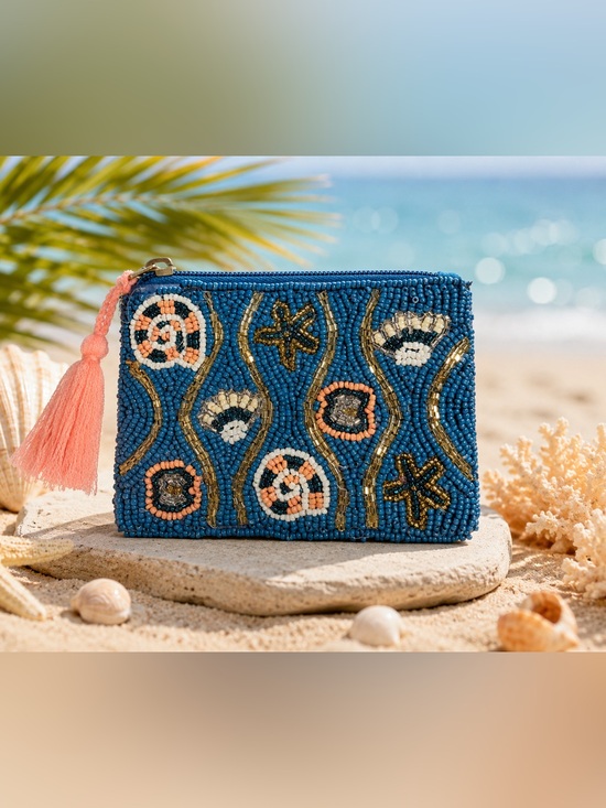 Handmade Handbags - Hand Beaded Blue Seashell Zipper Pouch with Pink Tassel NEW